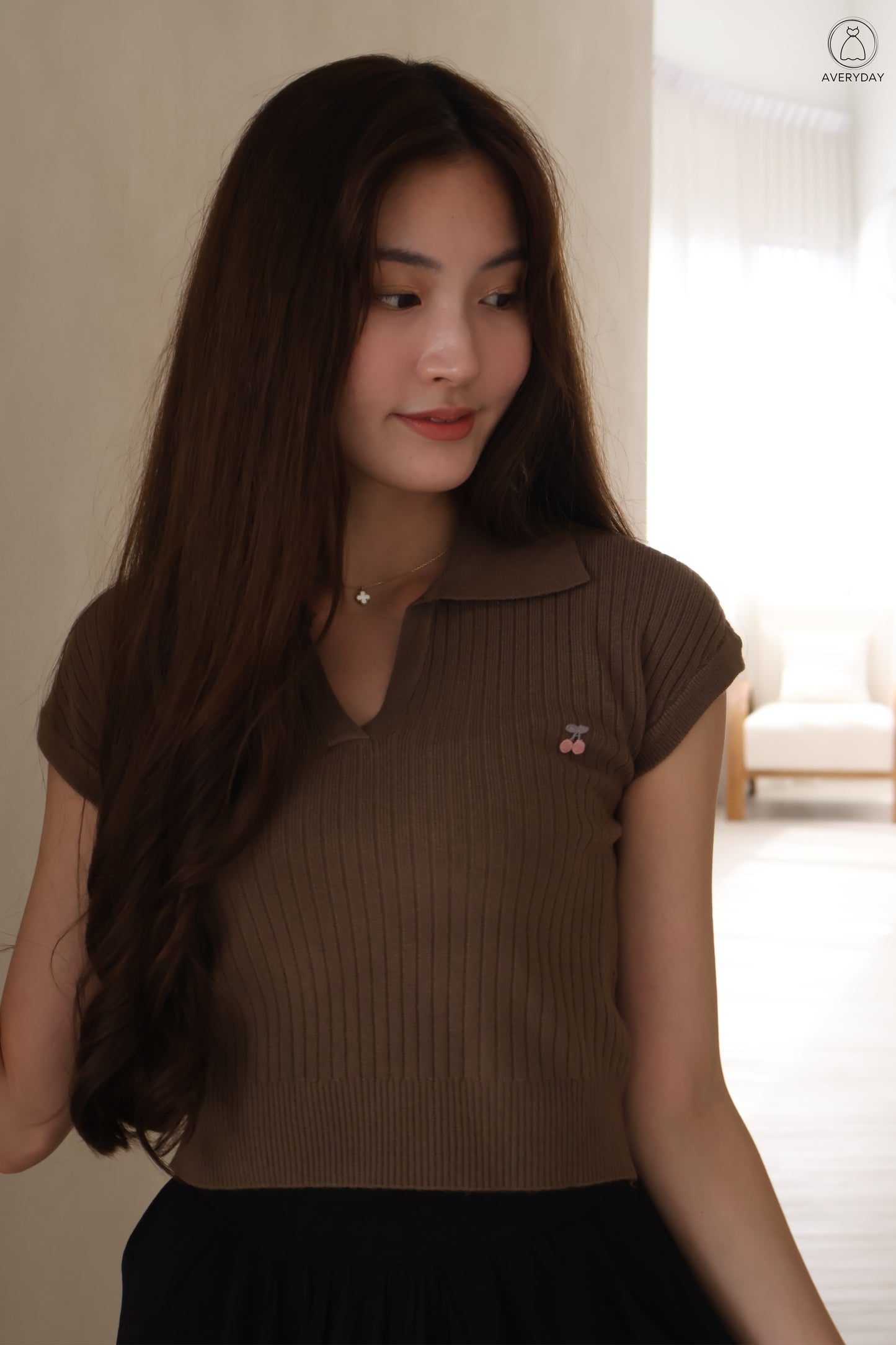 Brenda Cherry Soft Knit Collar Top In Coffee