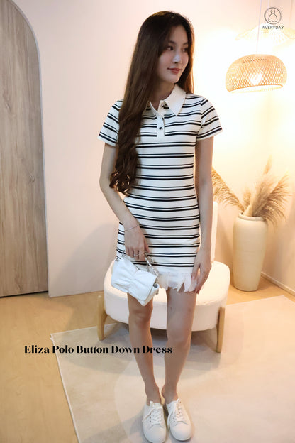 Eliza Polo Button Down Dress In White Stripe