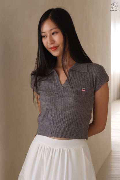 Brenda Cherry Soft Knit Collar Top In Grey