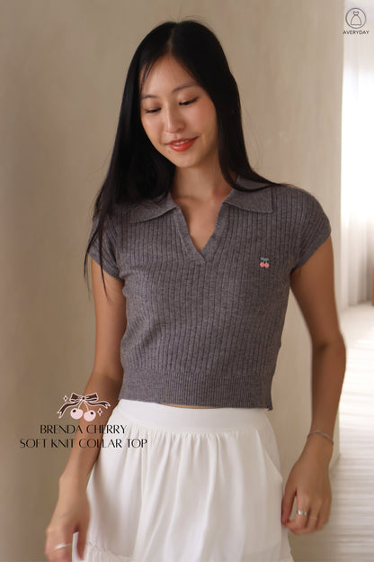 Brenda Cherry Soft Knit Collar Top In Grey