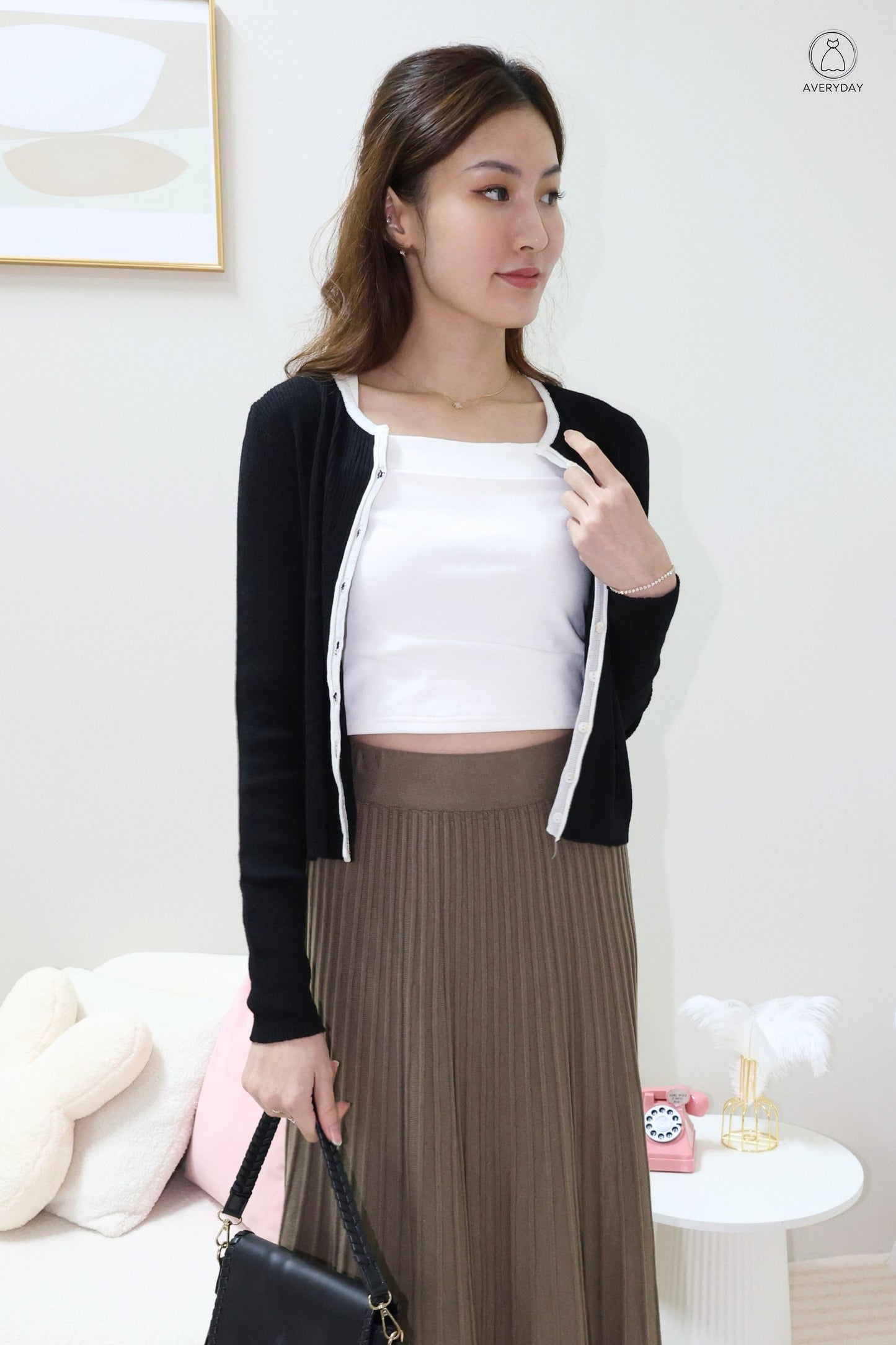 Heidi Contrast  Soft Ribbed Cardigan In Black