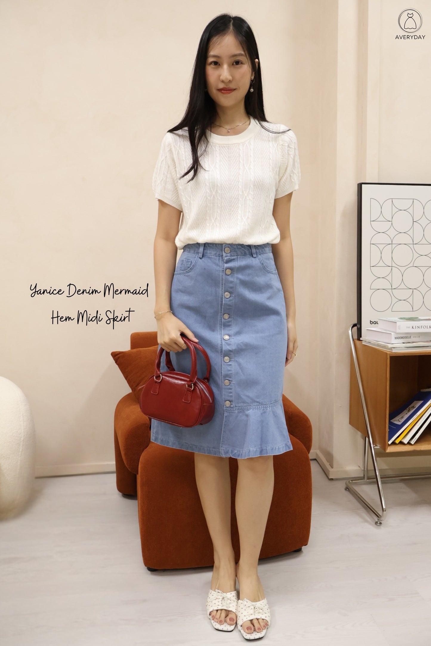 Yanice Denim Mermaid Hem Midi Skirt In Light Wash
