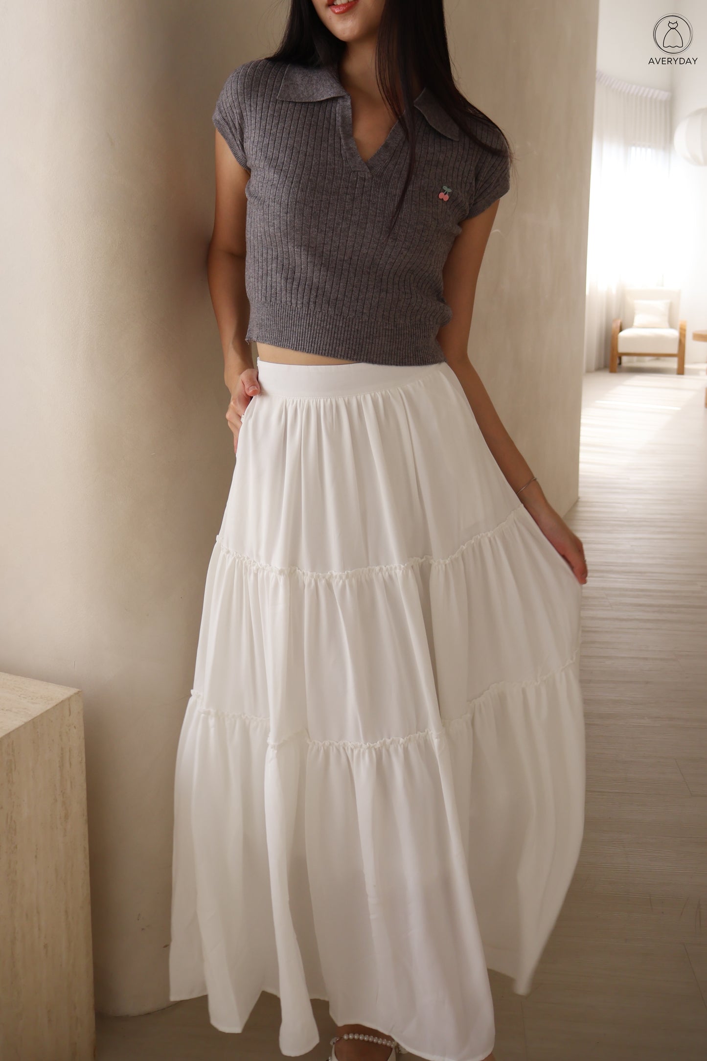 Brenda Cherry Soft Knit Collar Top In Grey