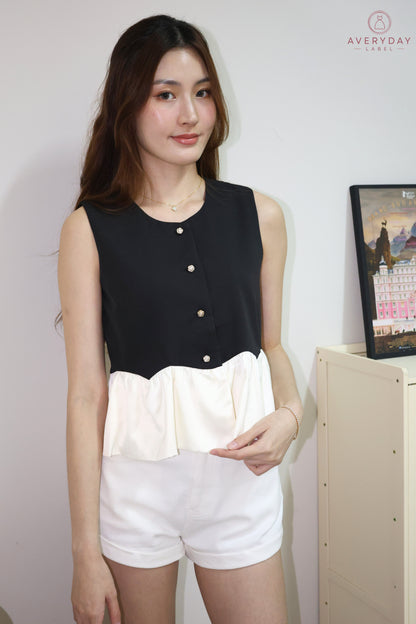 Landy Rose Button Peplum Top In Black