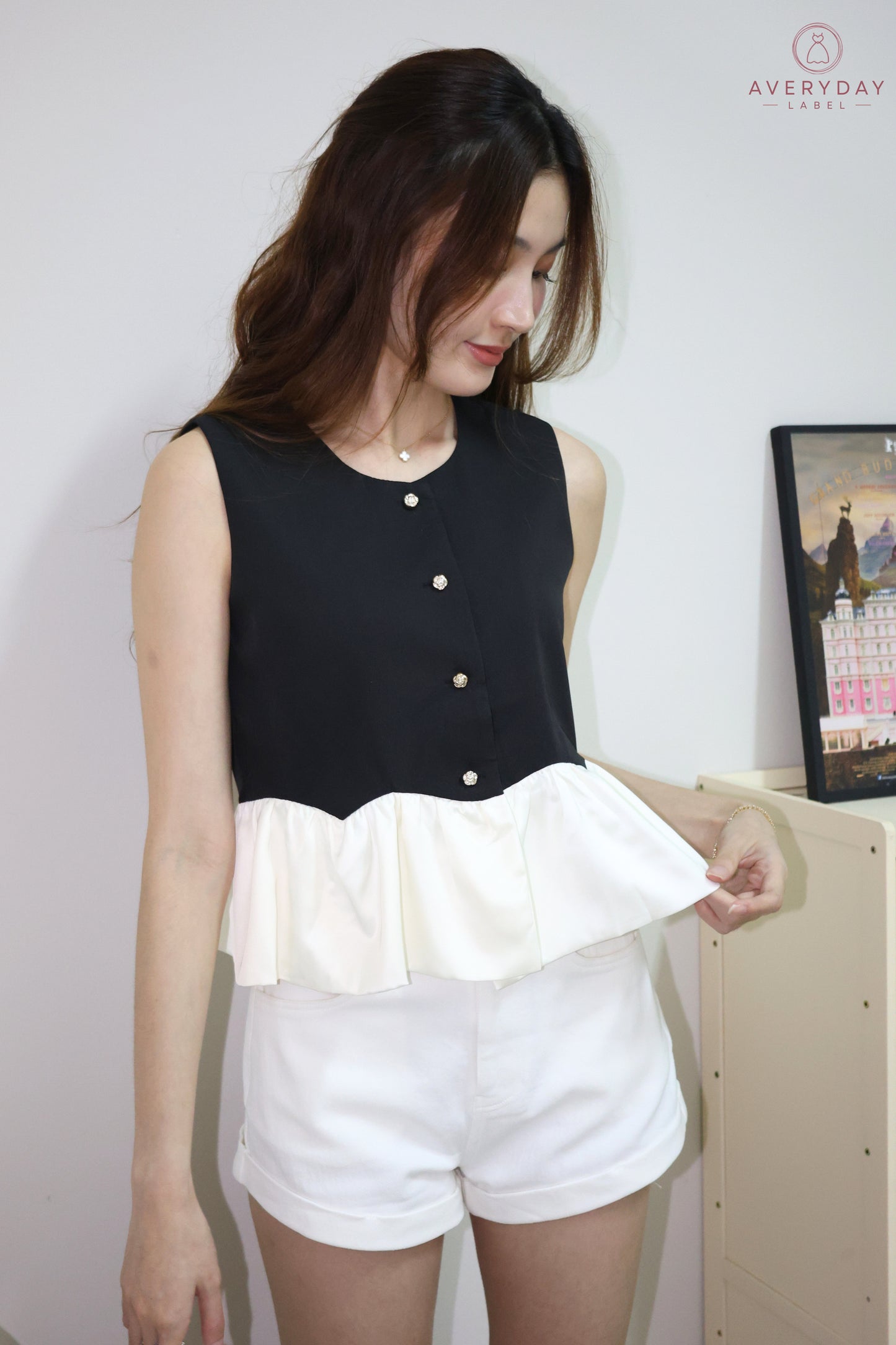 Landy Rose Button Peplum Top In Black