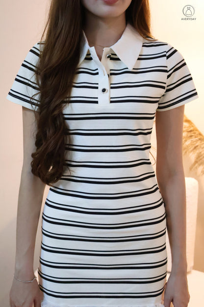 Eliza Polo Button Down Dress In White Stripe