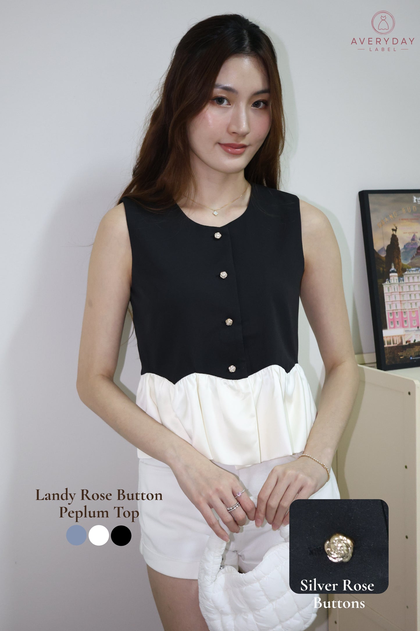 Landy Rose Button Peplum Top In Black