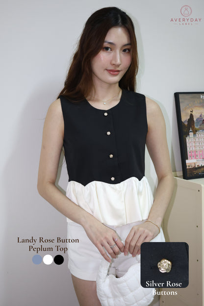 Landy Rose Button Peplum Top In Black
