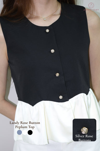 Landy Rose Button Peplum Top In Black