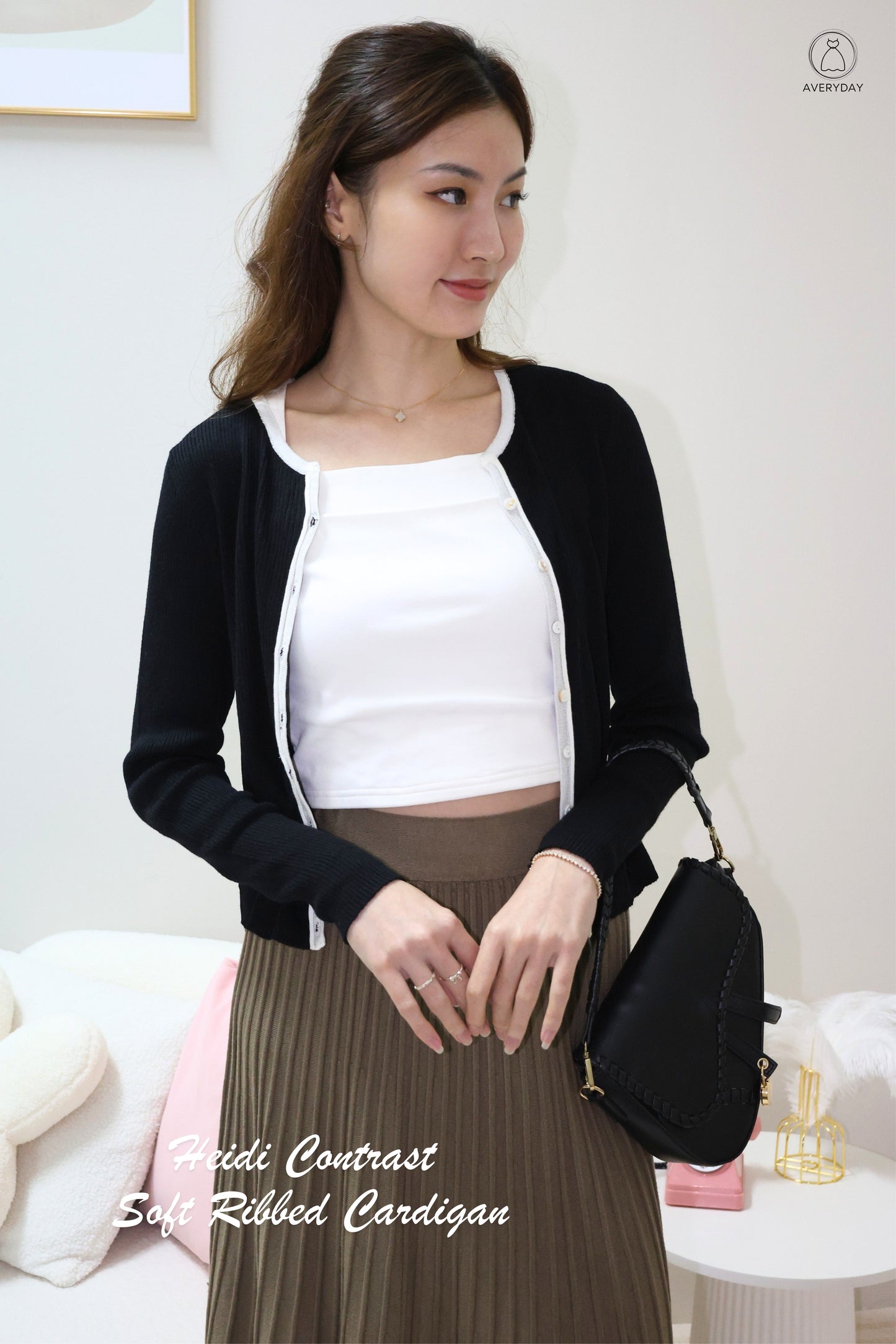 Heidi Contrast  Soft Ribbed Cardigan In Black