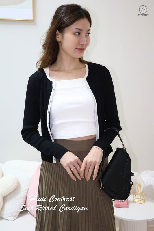 Heidi Contrast  Soft Ribbed Cardigan In Black