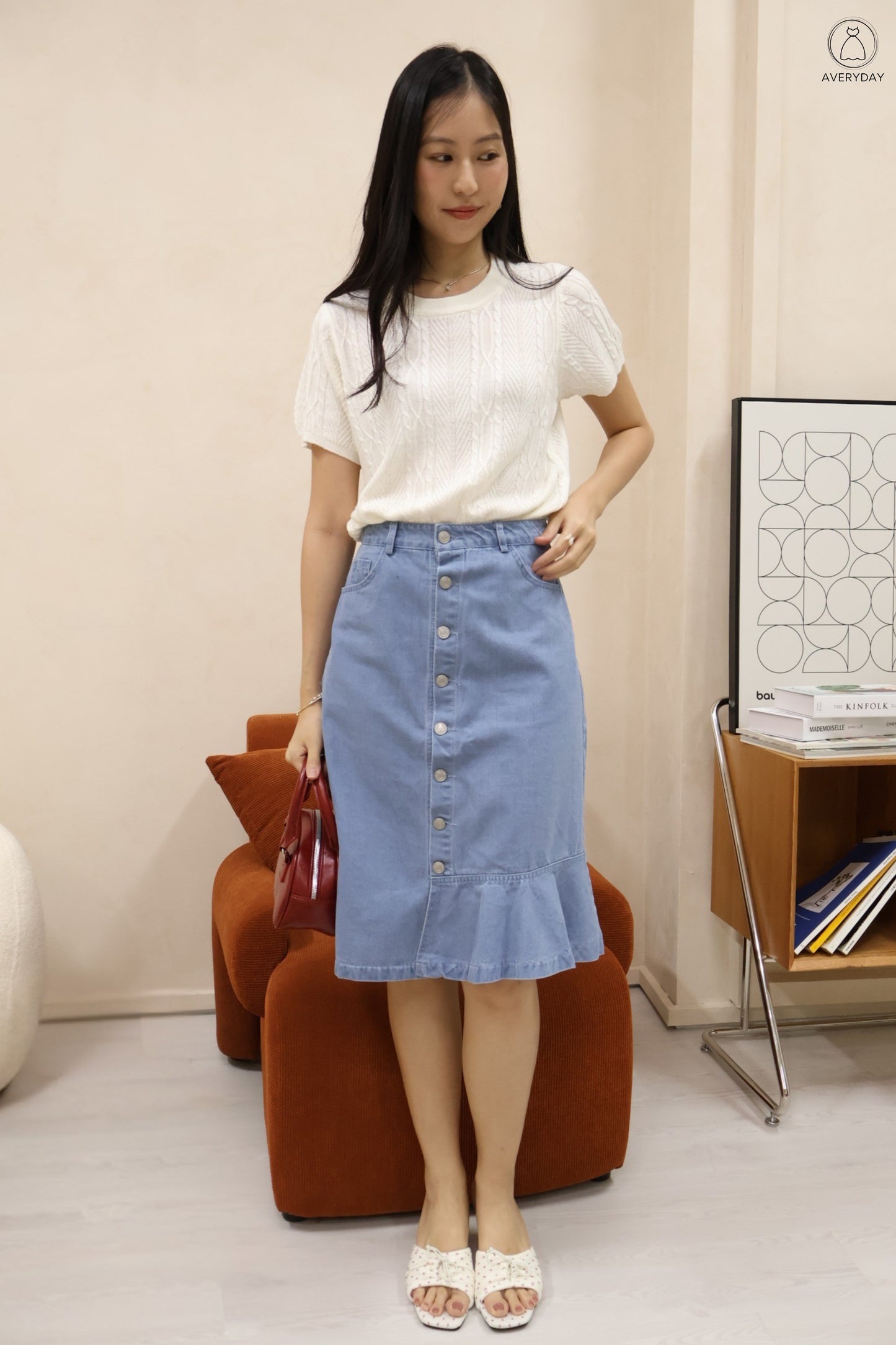 Yanice Denim Mermaid Hem Midi Skirt In Light Wash