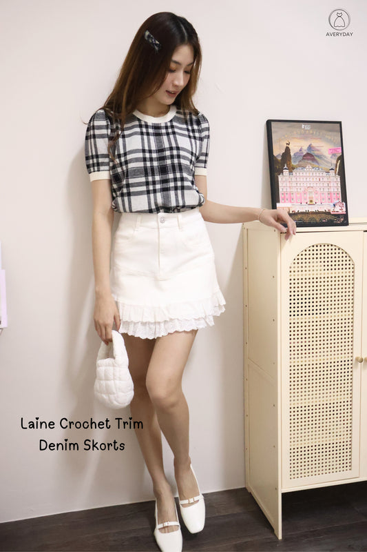 Laine Crochet Trim Denim Skorts In White