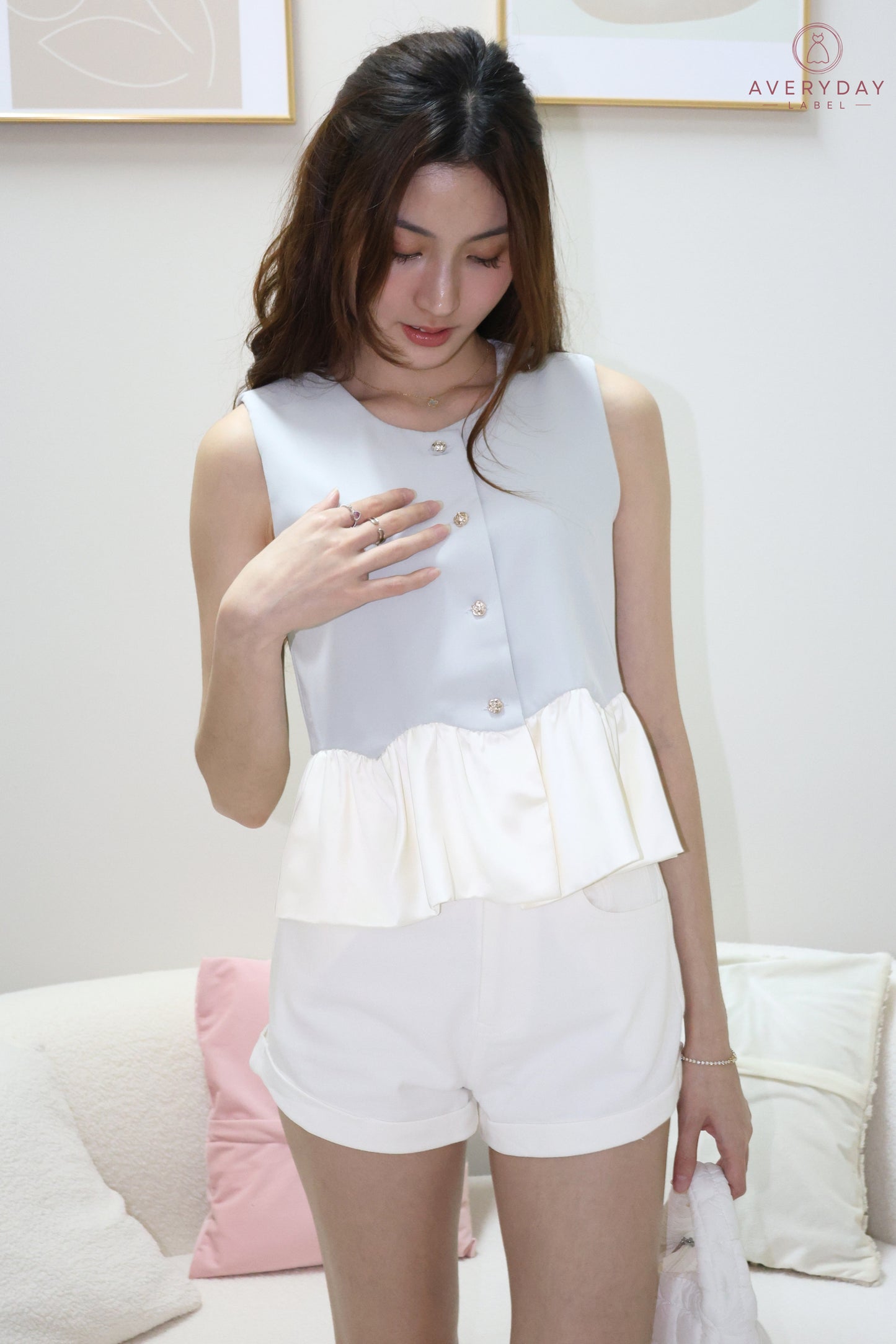 Landy Rose Button Peplum Top In Blue