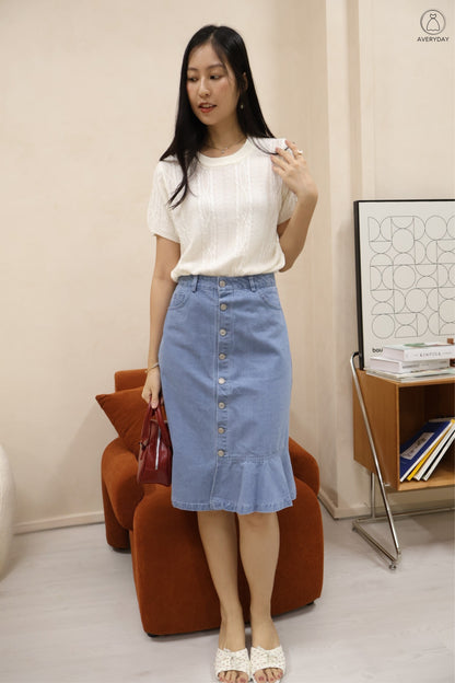 Yanice Denim Mermaid Hem Midi Skirt In Light Wash