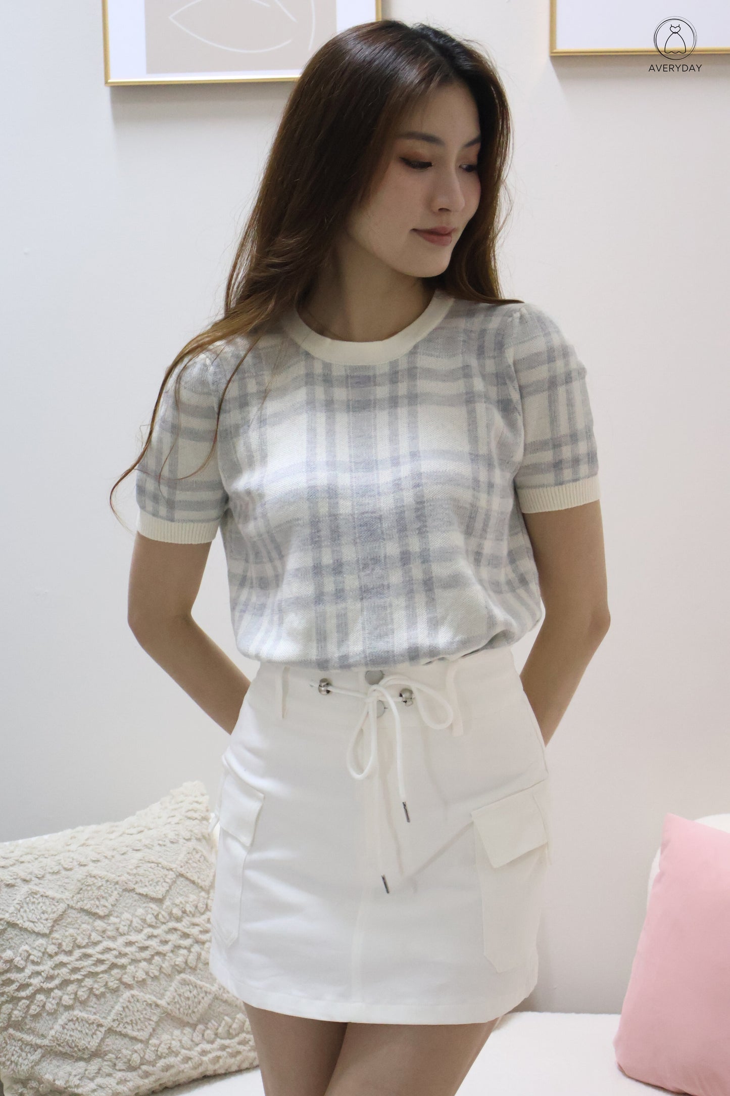 Polly Plaid Soft Knit Top In Winter Blue