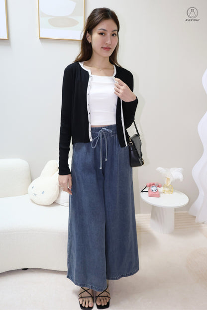 Heidi Contrast  Soft Ribbed Cardigan In Black