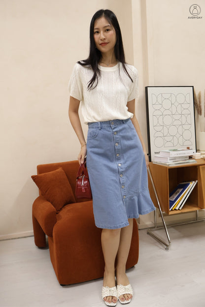 Yanice Denim Mermaid Hem Midi Skirt In Light Wash