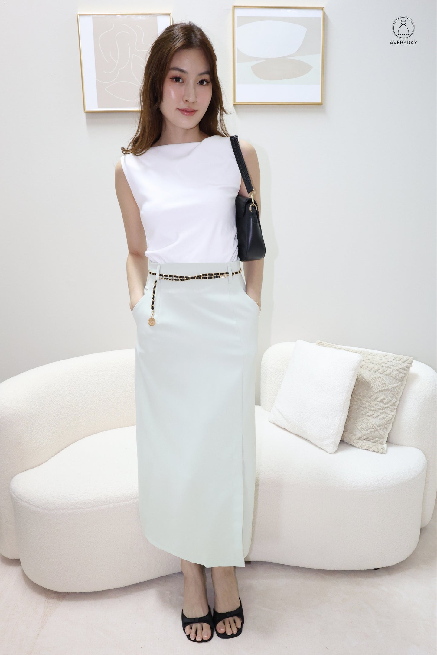 Kimmy Side Slit Pocket  Skirt w/ Medallion Belt In Mint