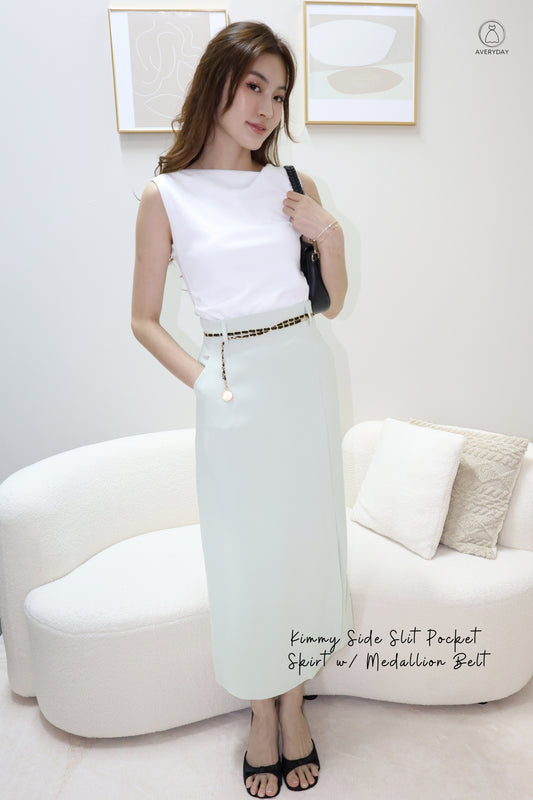 Kimmy Side Slit Pocket  Skirt w/ Medallion Belt In Mint
