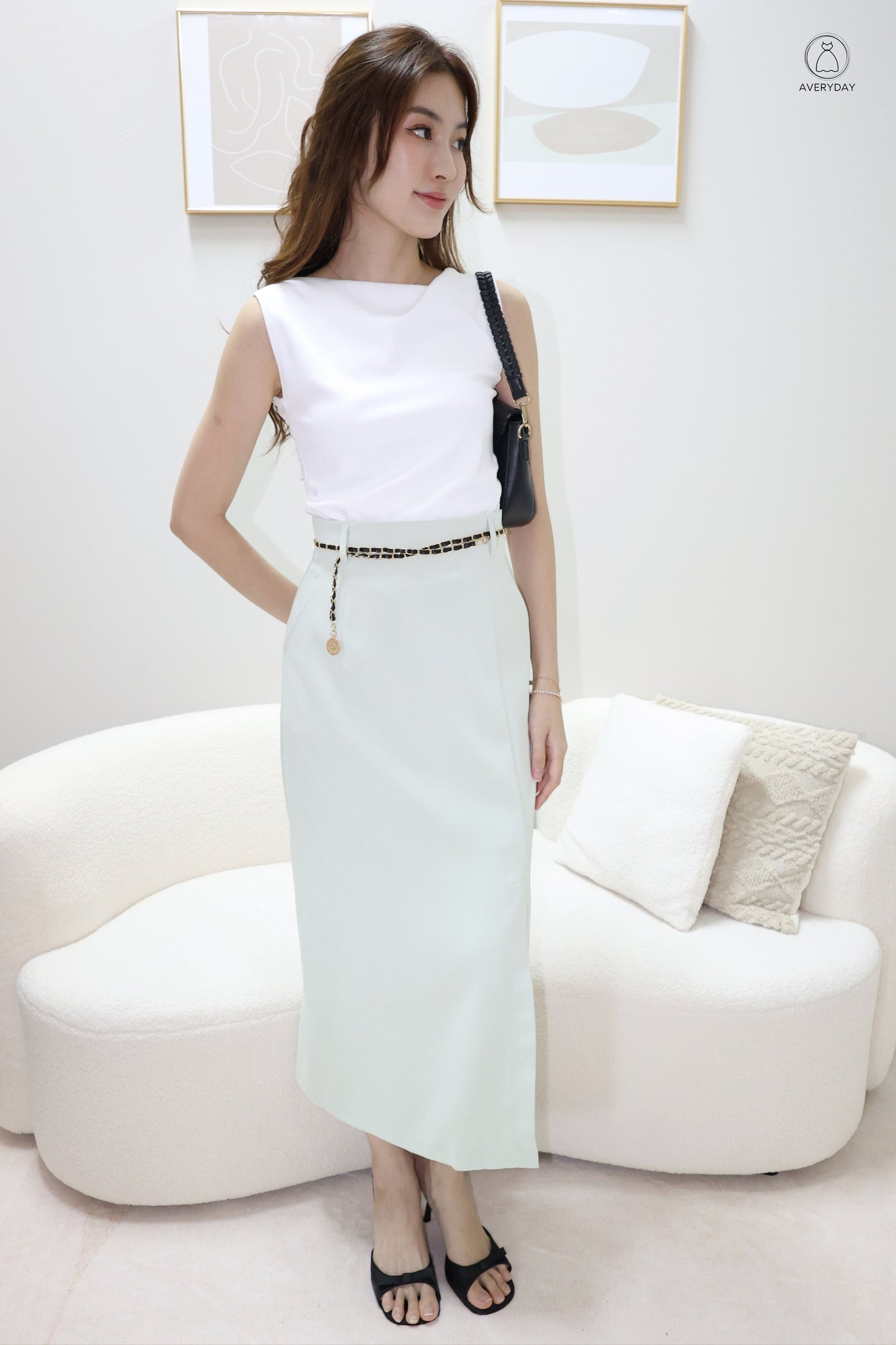 Kimmy Side Slit Pocket  Skirt w/ Medallion Belt In Mint