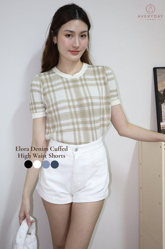 Elora Denim Cuffed High Waist Shorts In White Denim