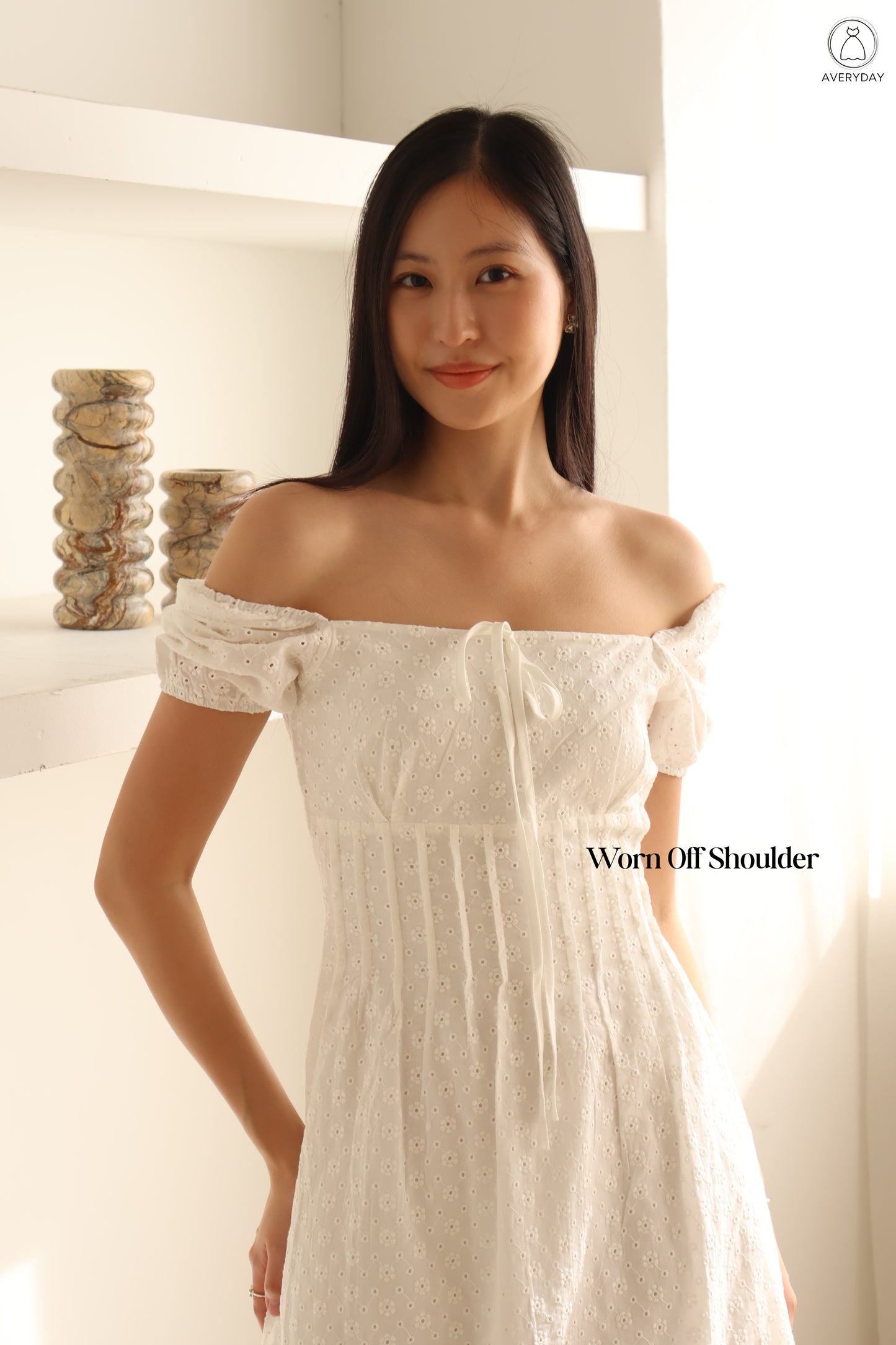 Kymi Eyelet Petal Midi Dress In White