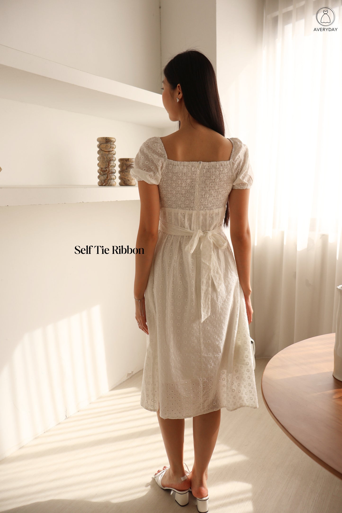 Kymi Eyelet Petal Midi Dress In White