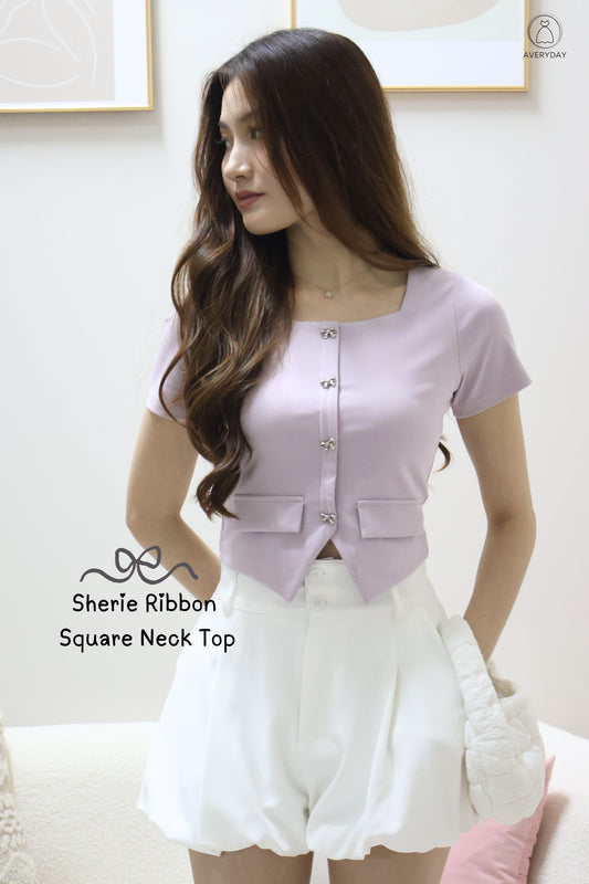 Sherie Ribbon Square Neck Top In Lilac