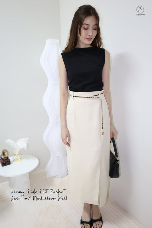 Kimmy Side Slit Pocket  Skirt w/ Medallion Belt In Cream