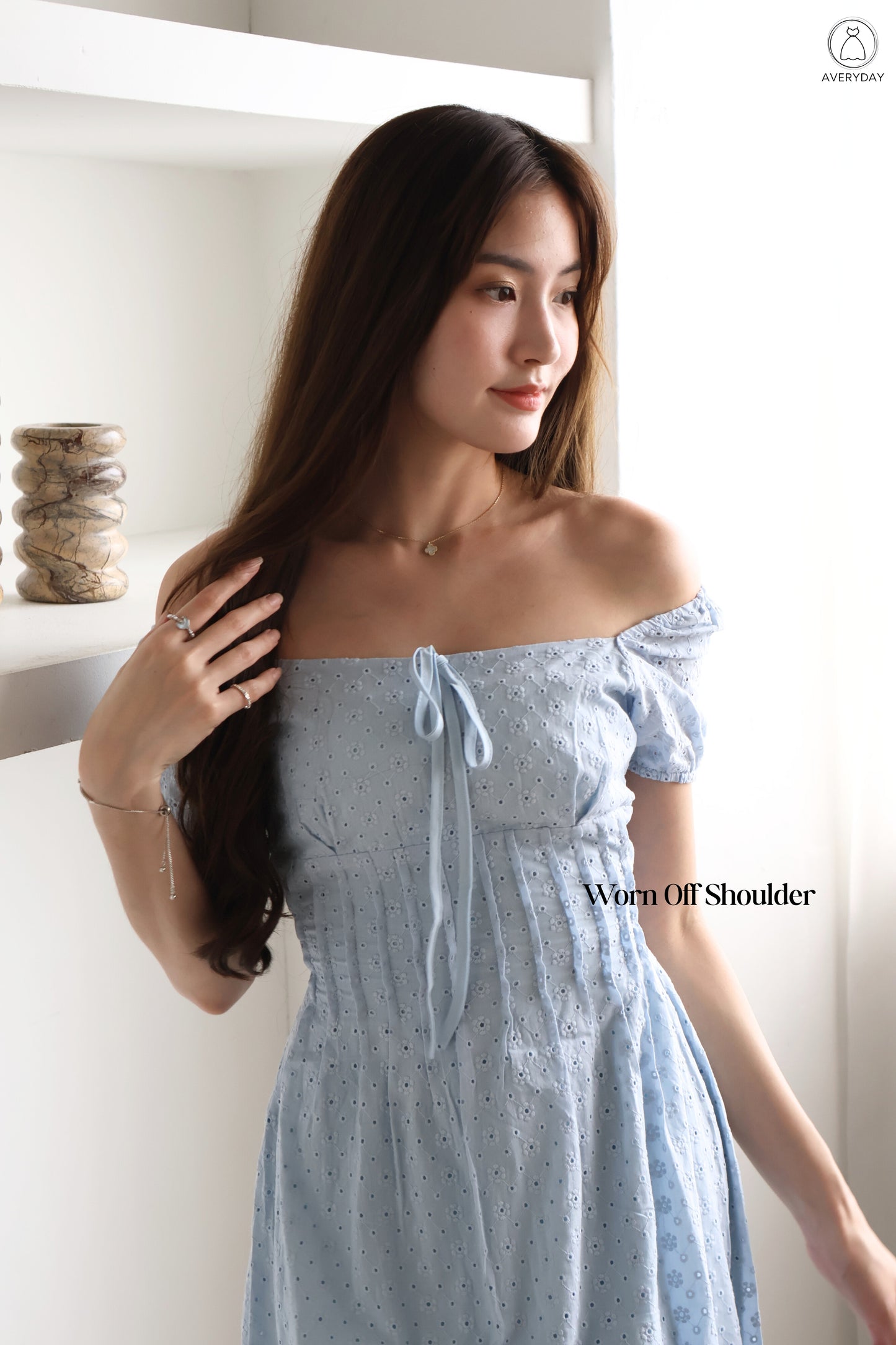 Kymi Eyelet Petal Midi Dress In Sky Blue