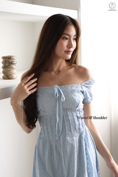 Kymi Eyelet Petal Midi Dress In Sky Blue