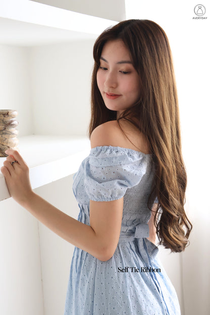 Kymi Eyelet Petal Midi Dress In Sky Blue