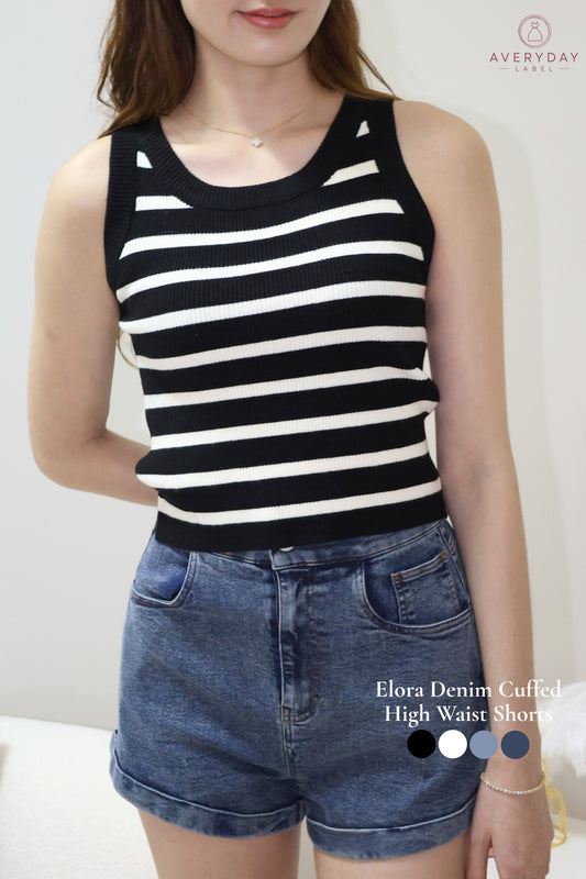 Elora Denim Cuffed High Waist Shorts In Dark Denim