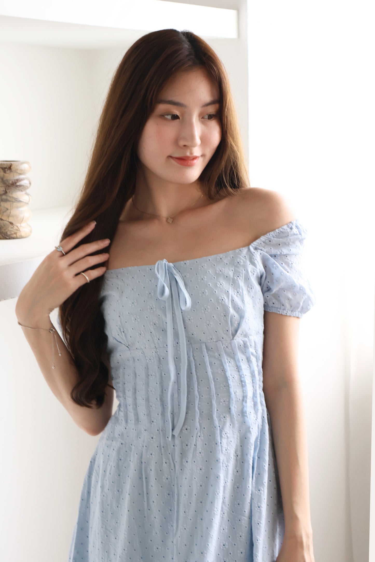 Kymi Eyelet Petal Midi Dress In Sky Blue
