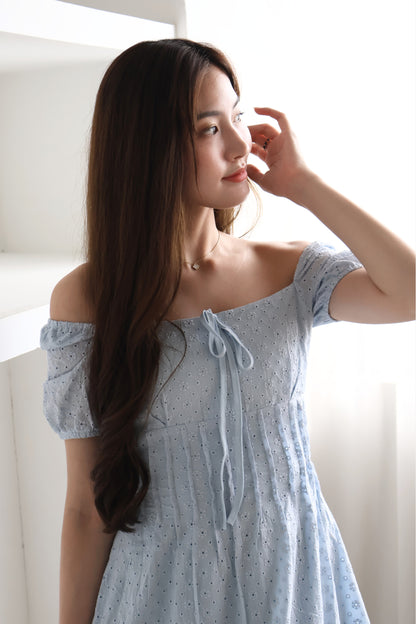 Kymi Eyelet Petal Midi Dress In Sky Blue