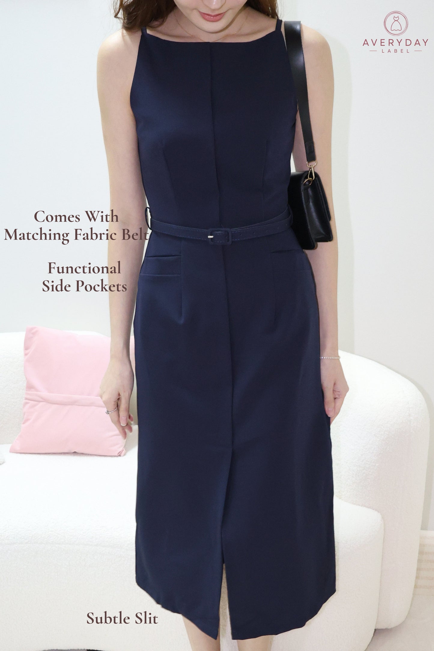 Bayre Halter Pocket Slit Belted Dress In Navy