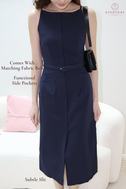 Bayre Halter Pocket Slit Belted Dress In Navy