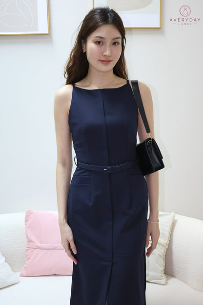 Bayre Halter Pocket Slit Belted Dress In Navy