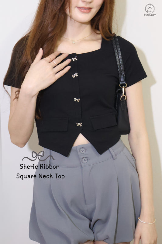Sherie Ribbon Square Neck Top In Black