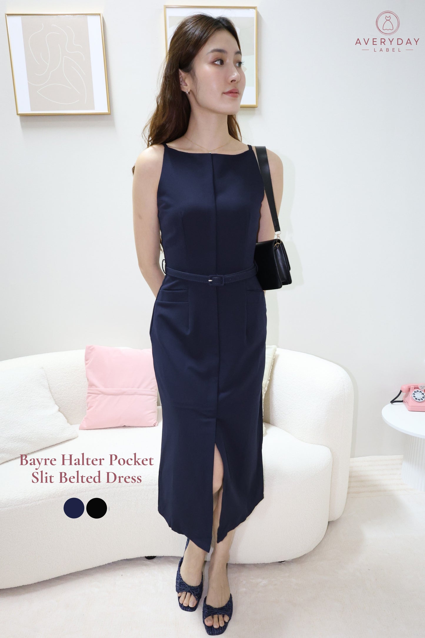 Bayre Halter Pocket Slit Belted Dress In Navy
