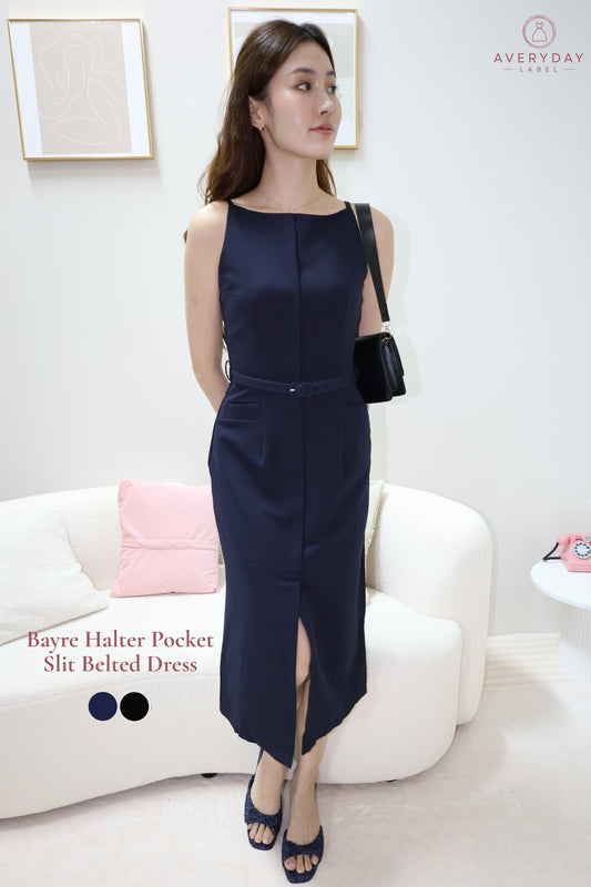 Bayre Halter Pocket Slit Belted Dress In Navy