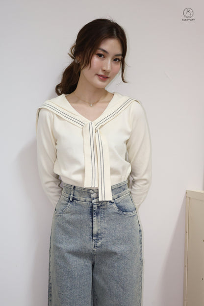 Tayler Nautical Tie Front Knit Top In Cream