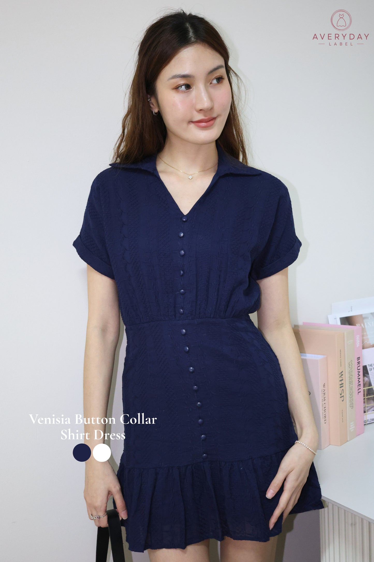 Venisia Button Collar Shirt Dress In Navy