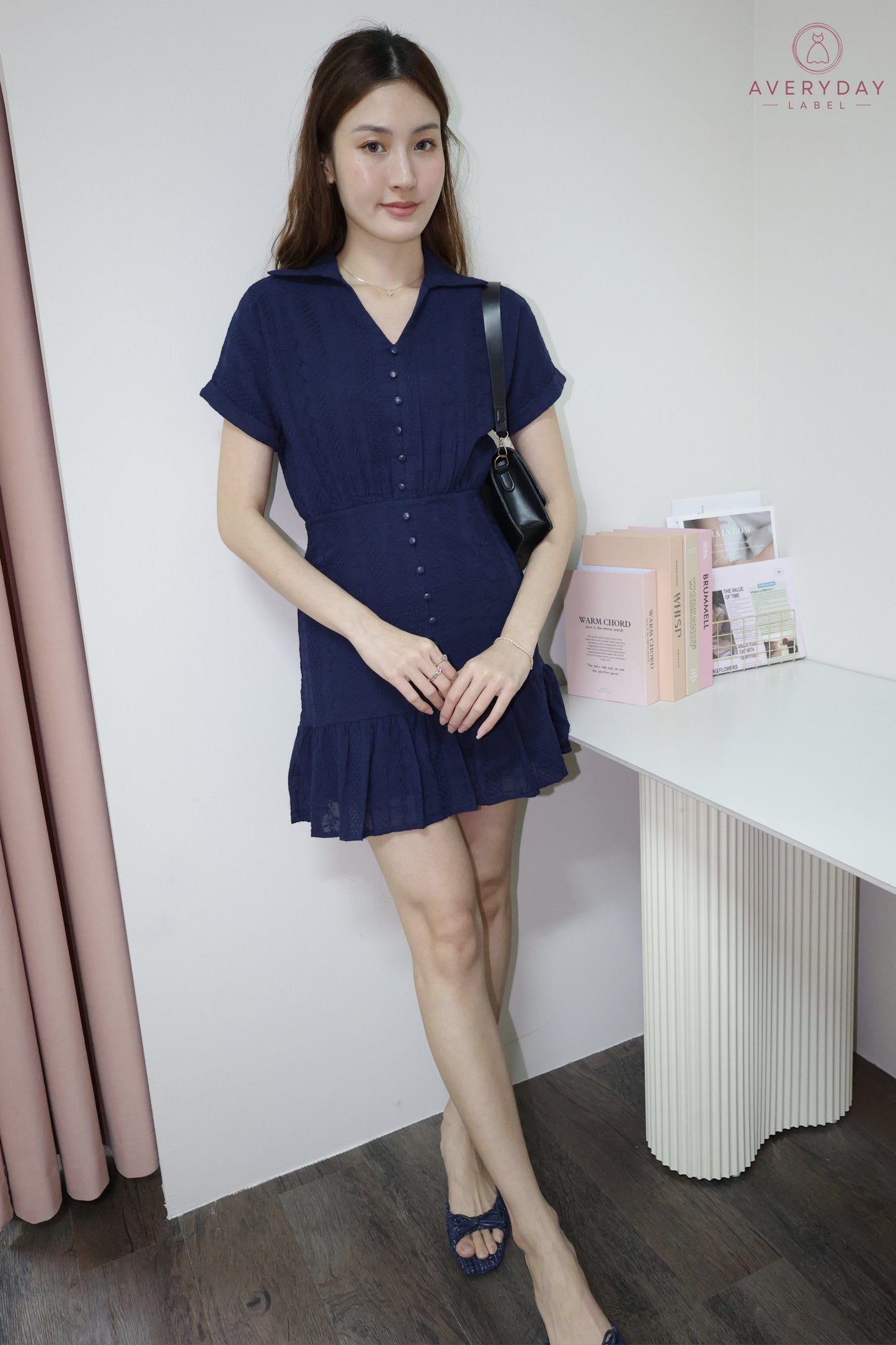 Venisia Button Collar Shirt Dress In Navy
