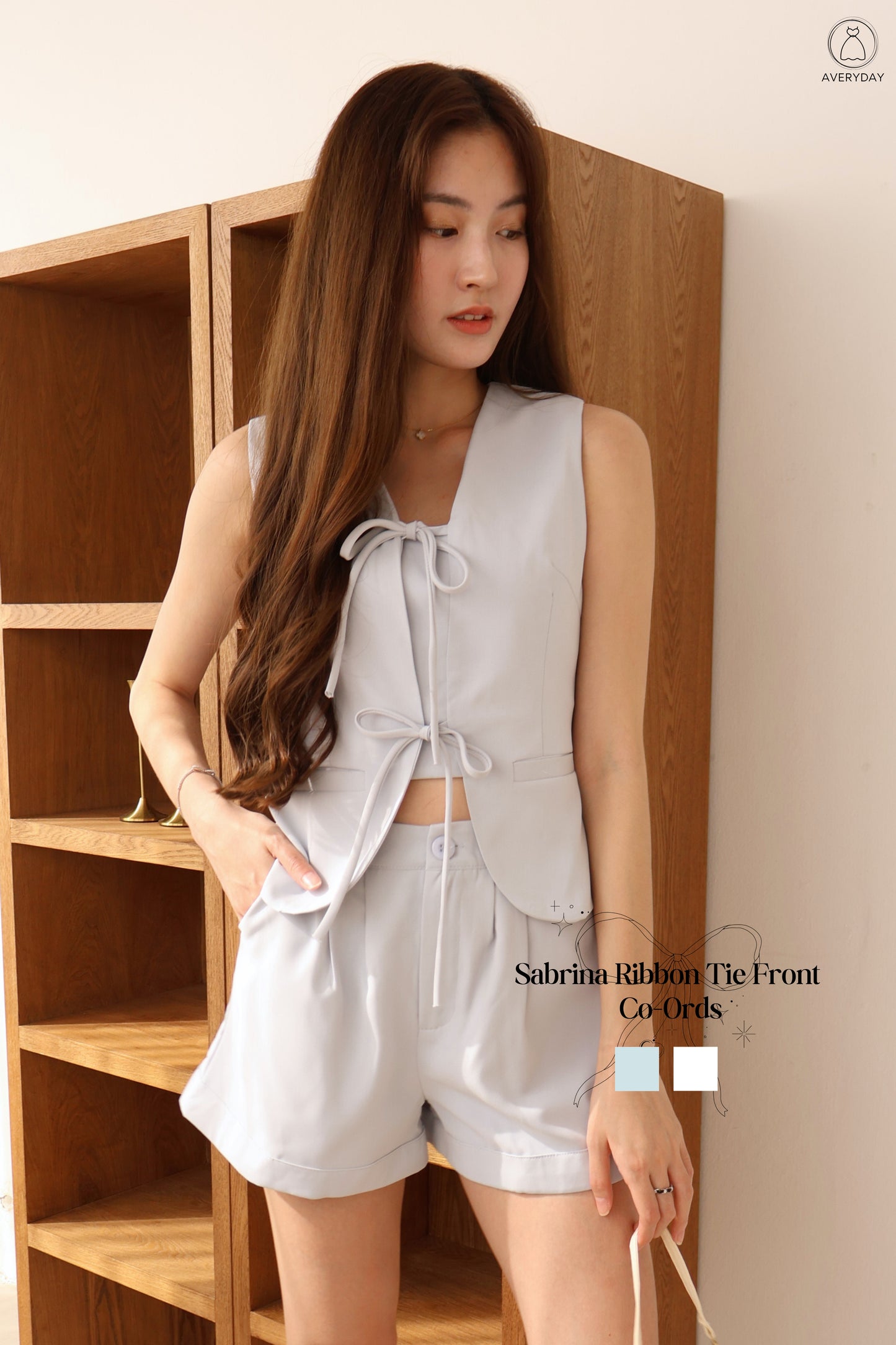 Sabrina Ribbon Tie Front Co-Ords In Sky Blue