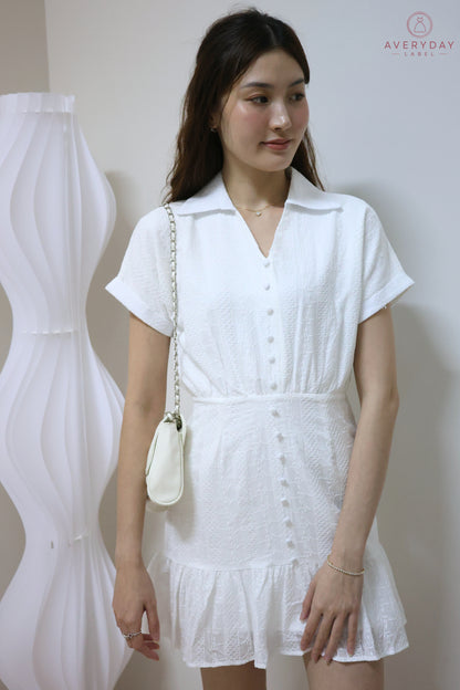 Venisia Button Collar Shirt Dress In White