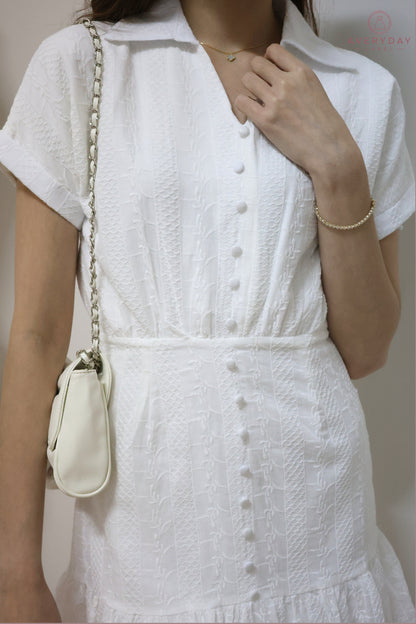 Venisia Button Collar Shirt Dress In White