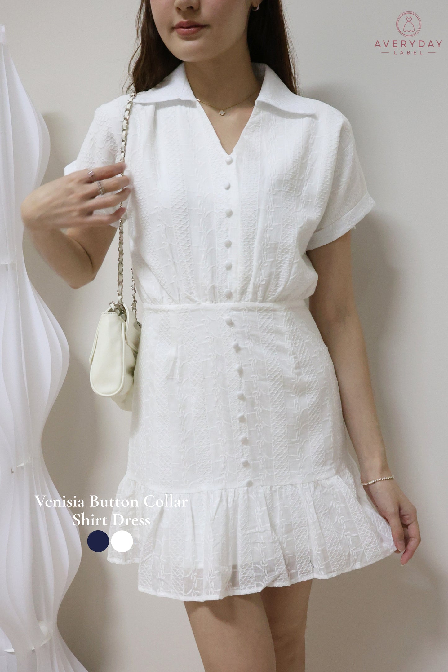 Venisia Button Collar Shirt Dress In White