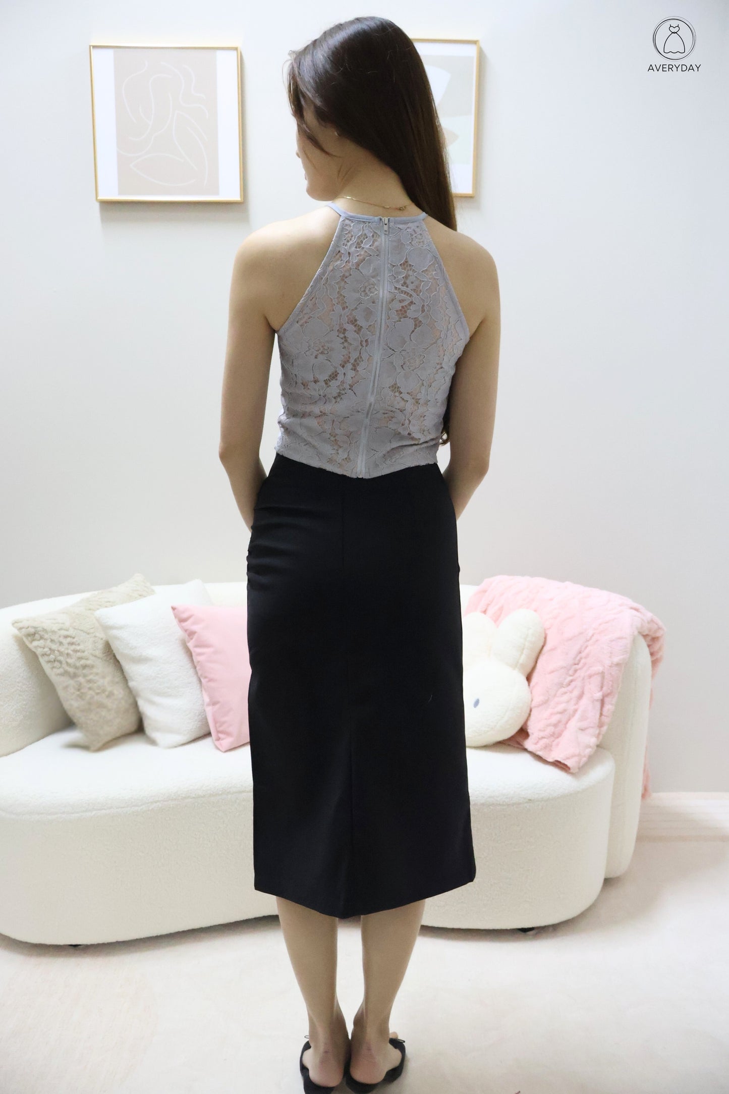 Ayla Halter Lace Top In Grey Blue